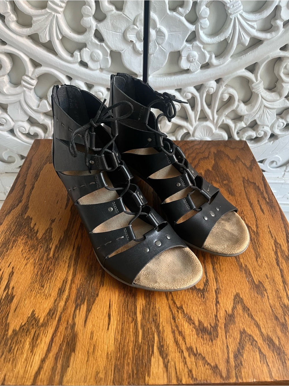 Rieker Black Leather Gladiator Sandals Lace Up Back Zip Comfort EU 40
